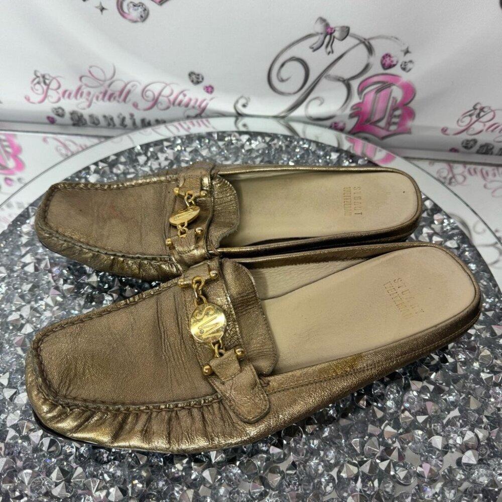 Stuart weitzman slip on Gold Leather flat Loafers gold charms bling diamond